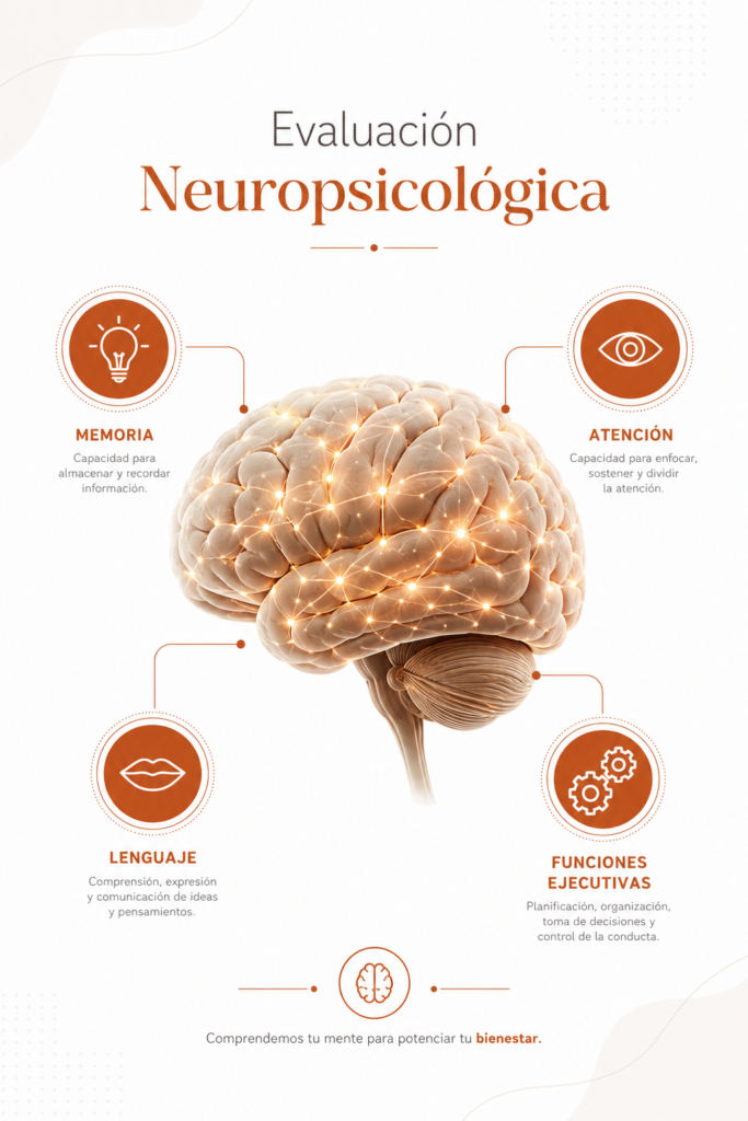 Infografía neuropsicología clínica: cerebro con conexiones neuronales e iconos de memoria, atención, lenguaje y funciones ejecutivas para evaluación cognitiva