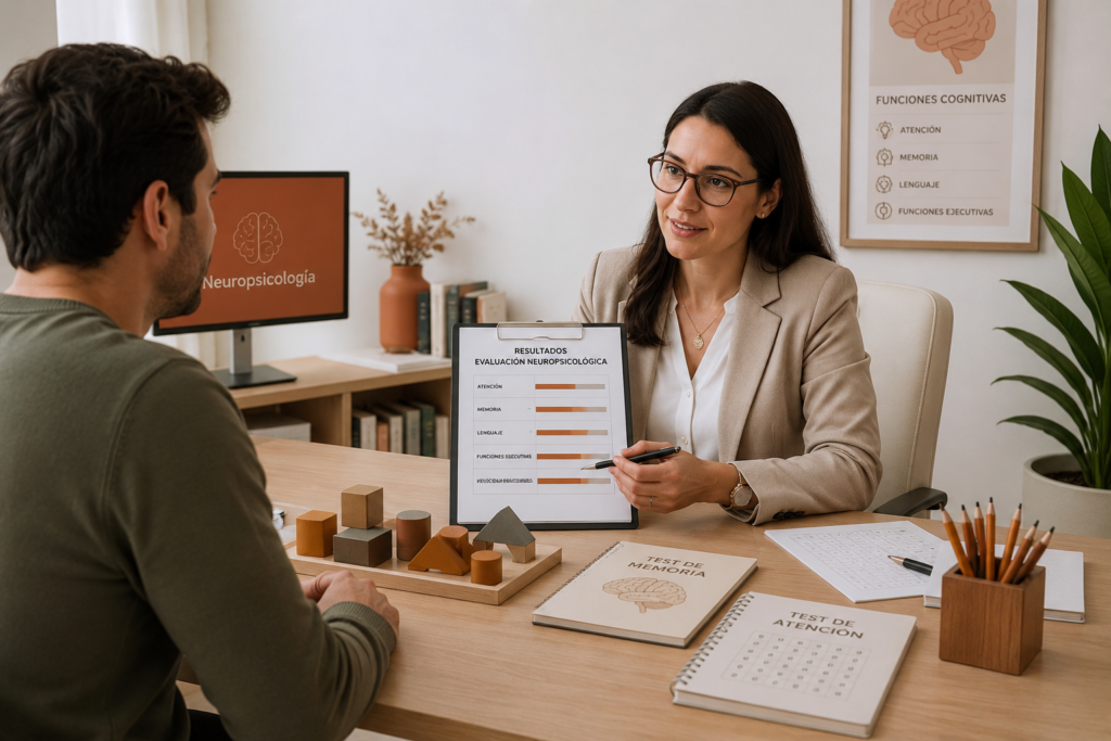 "Neuropsicólogo explicando evaluación neuropsicológica a paciente adulto en consulta profesional"
