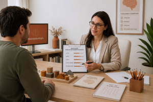 "Neuropsicólogo explicando evaluación neuropsicológica a paciente adulto en consulta profesional"