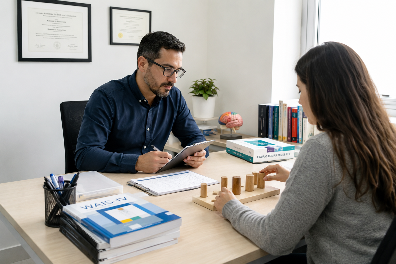 Evaluación neuropsicológica en consulta con paciente realizando pruebas cognitivas