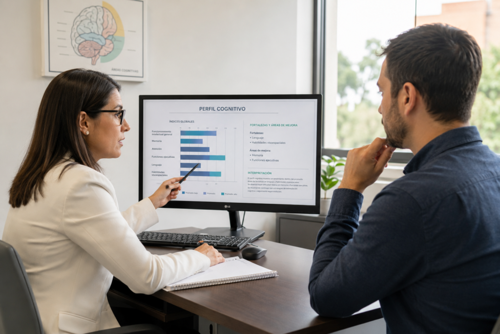 Neuropsicóloga explicando resultados de evaluación neuropsicológica con gráficos a un paciente en consulta