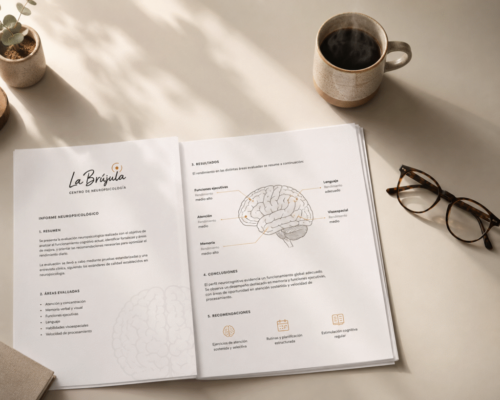 Informe de diagnóstico neuropsicológico con esquemas cerebrales y resultados detallados sobre una mesa de consulta moderna y acogedora.