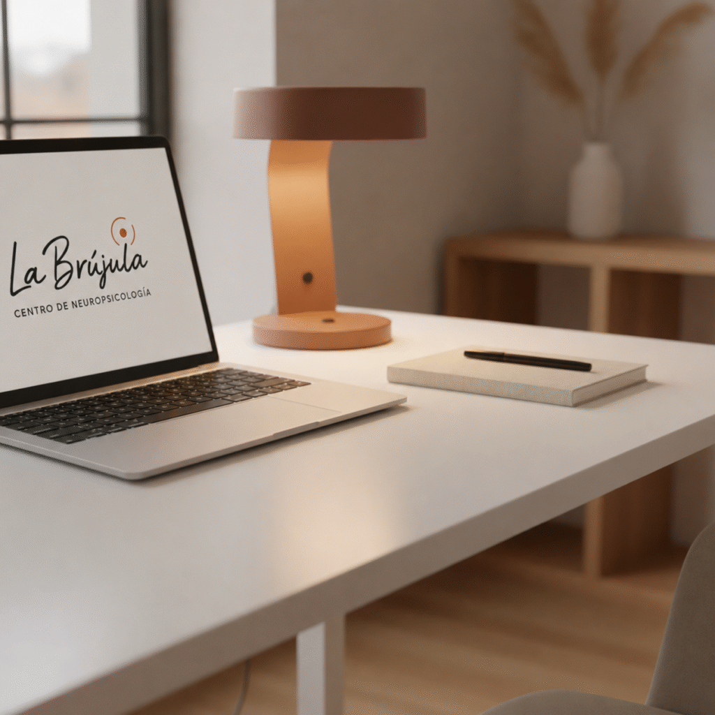 Escritorio de consulta de neuropsicología con ordenador portátil, lámpara de diseño y el logotipo de La Brújula Centro de Neuropsicología en la pantalla del ordenador.